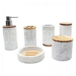 Wit marmer met houten delen badkameraccessoires set